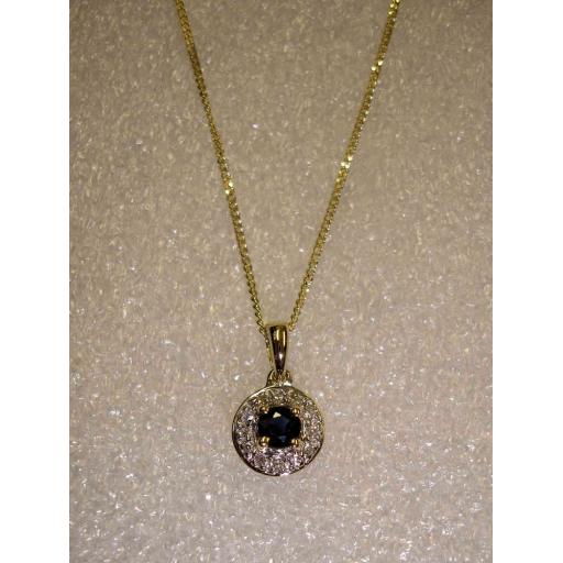 9ct Gold Blue Sapphire And Diamonds Pendant Necklace